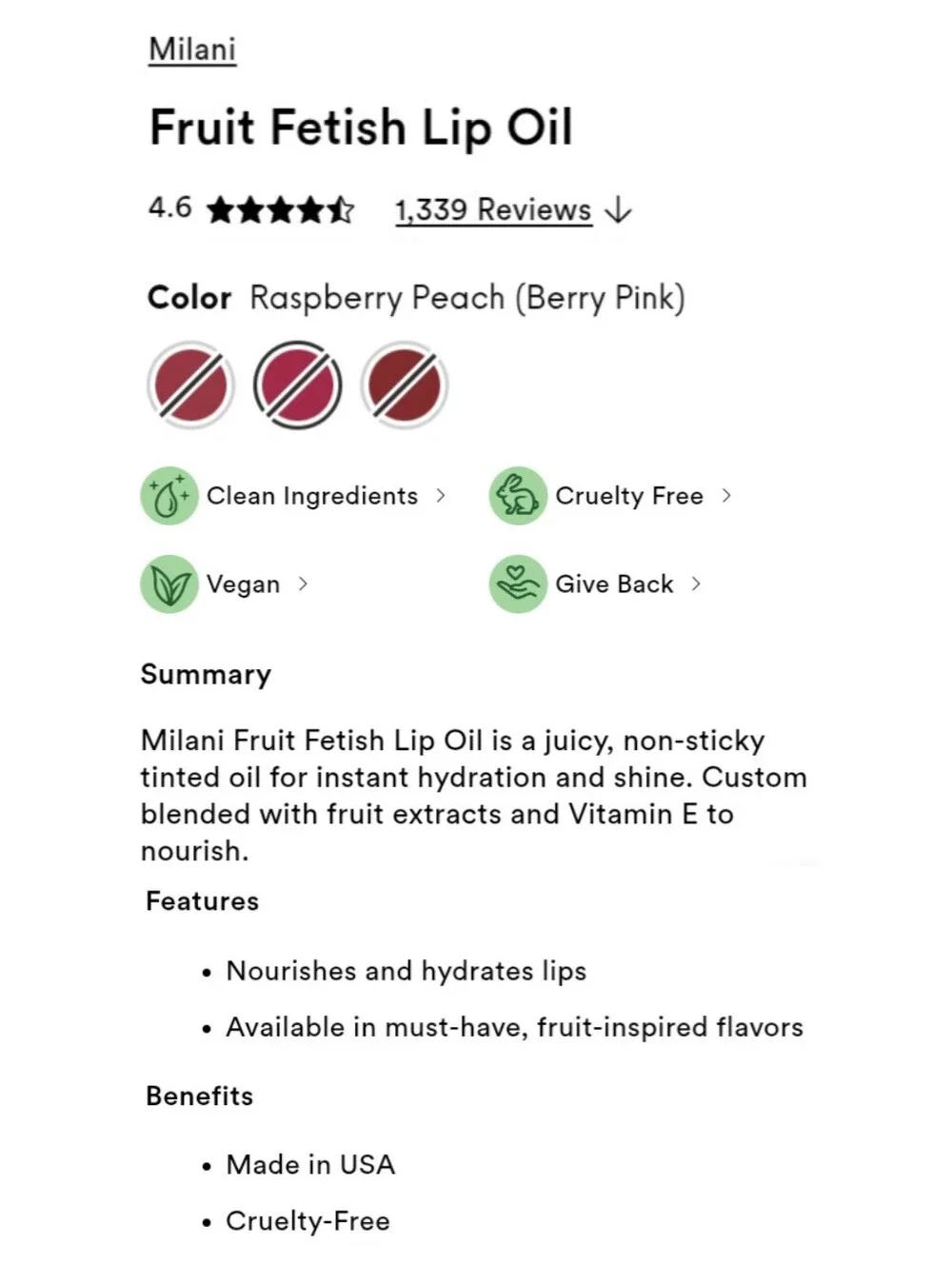🎉2•$13/3•$18🎉 MILANI Fruit Fetish Lip Oil In 130 Raspberry Peach